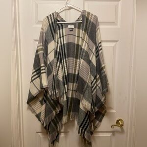 David and Young Plaid Fringe Poncho in Cream, Gray, and Olive